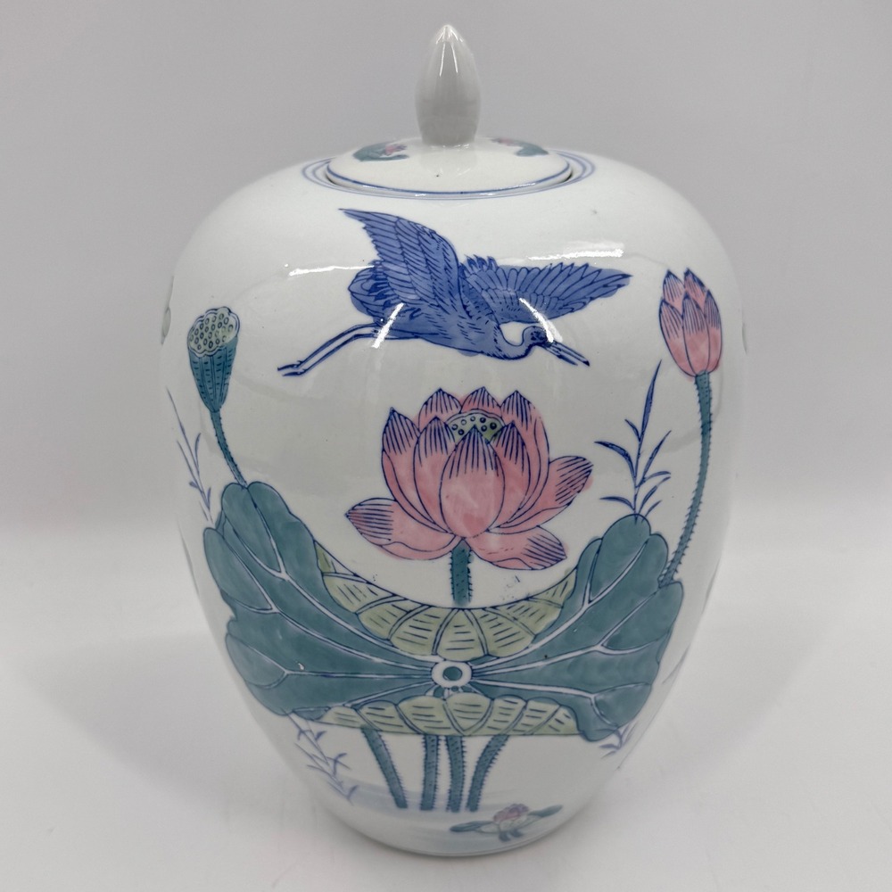 Vintage Chinese Lotus & Crane Ginger Jar Lidded Porcelain Famille Verte Style - Picture 7 of 9